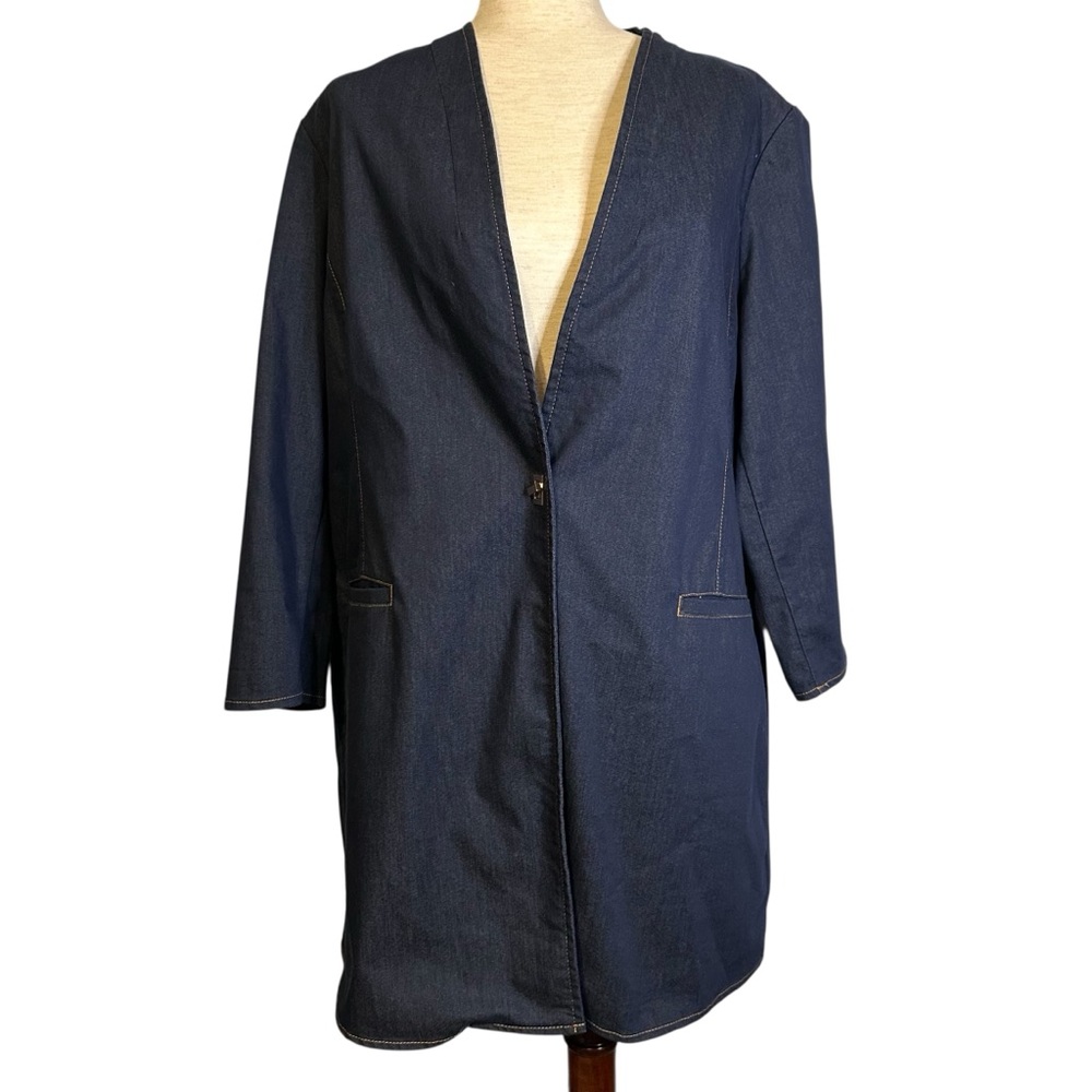 Chico's Longline Denim Jacket Blazer Dark Blue Gold Clasp Pockets Classic 3/XL